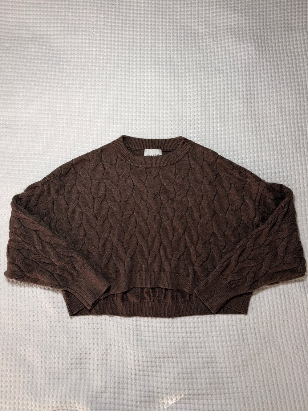 Pink Rose Brown Cable Knit Cropped Crewneck Sweater